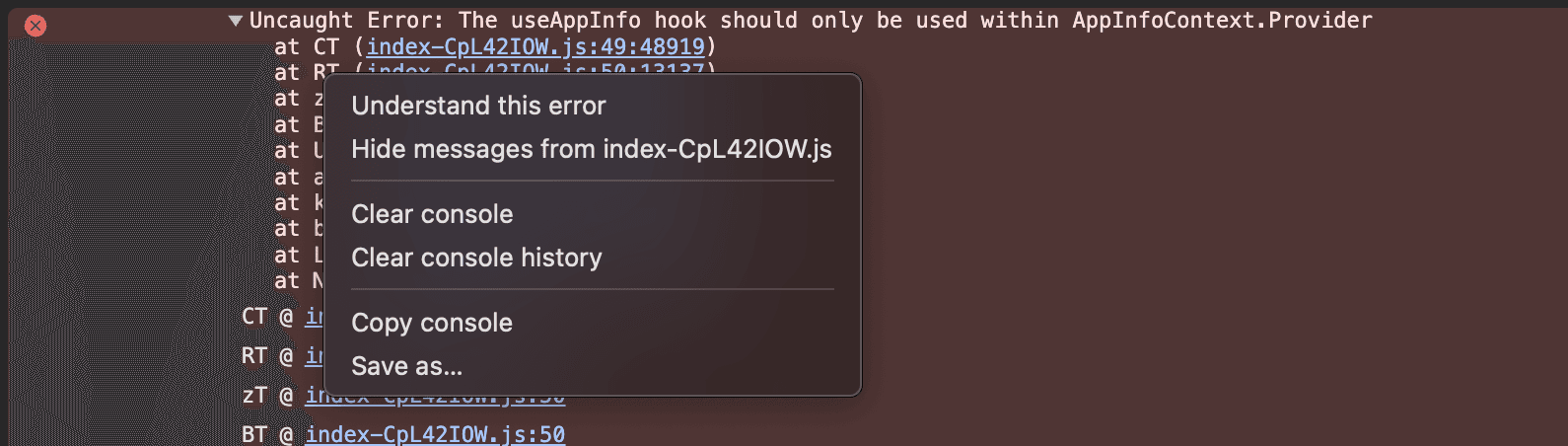 Chrome DevTools console context menu over an uncaught error, with Copy console and Save as... entries