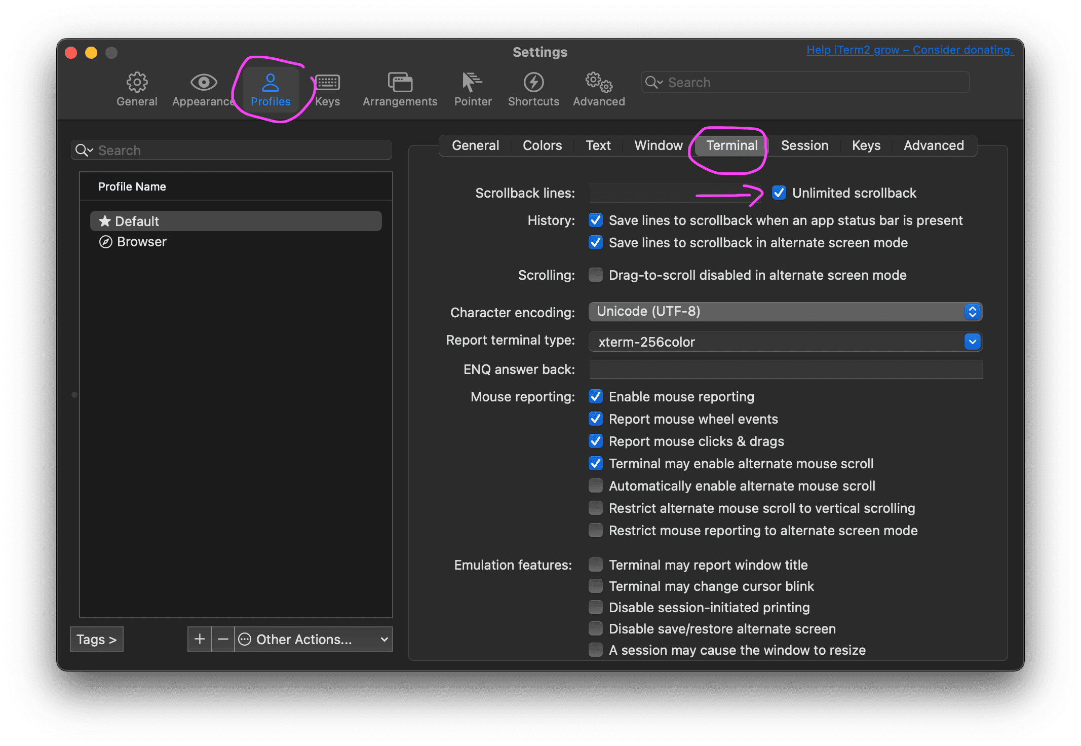 iTerm settings, Profiles → Terminal tab, with Unlimited scrollback checkbox highlighted