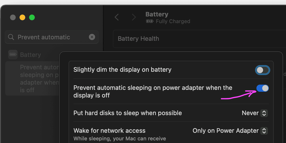 macOS Battery settings, 'Prevent automatic sleeping on power adapter when the display is off' turned on